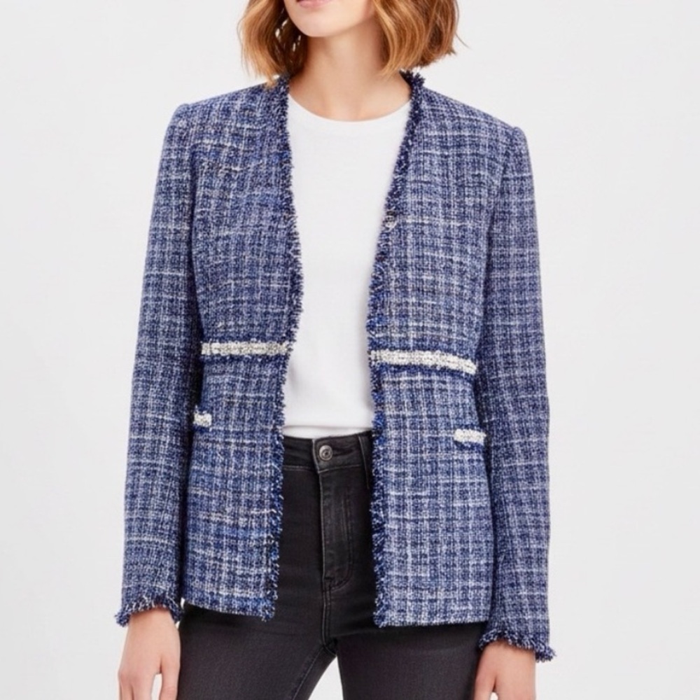Zara Women's Blue Tweed textured Jacket blazer pearl accents hook closure S